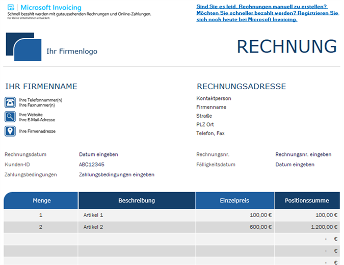Standardrechnung mit Microsoft Invoicing Standardrechnung mit Microsoft Invoicing