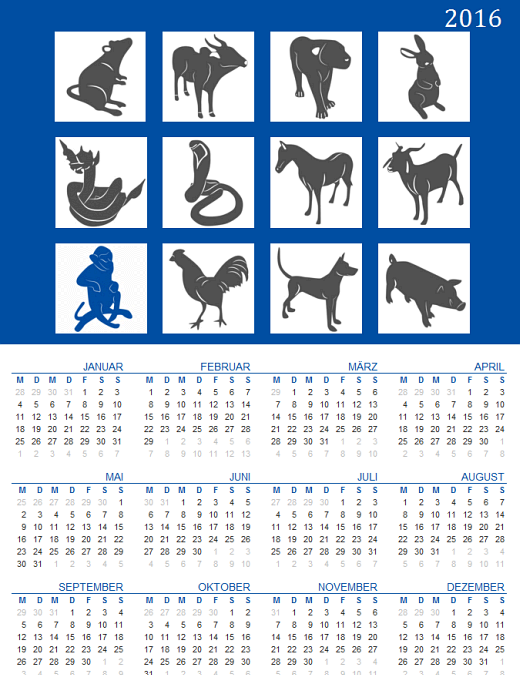 Jahreskalender mit chinesischen Sternzeichen (Mo-So) - Jahreszahl variabel Jahreskalender mit chinesischen Sternzeichen (Mo-So) - Jahreszahl variabel