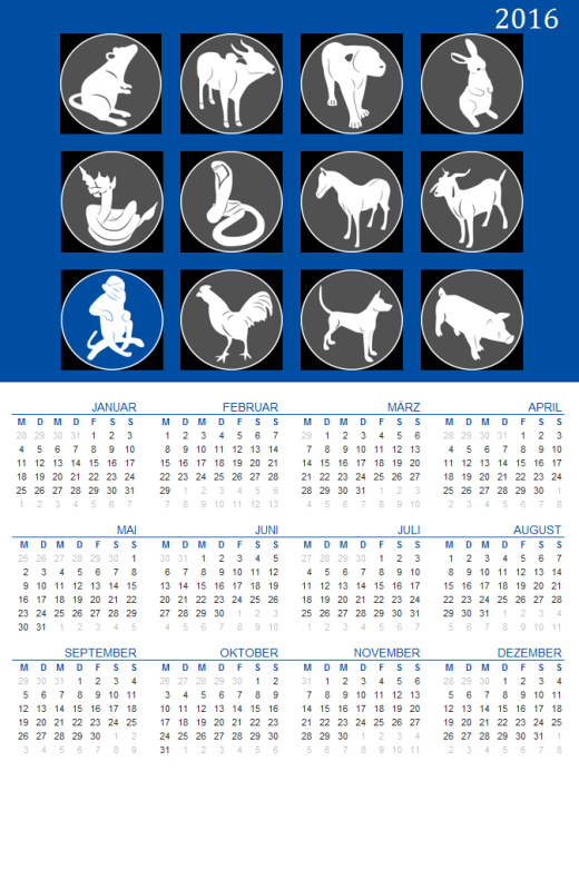 Jahreskalender mit chinesischen Sternzeichen (Mo-So) - Jahreszahl variabel Jahreskalender mit chinesischen Sternzeichen (Mo-So) - Jahreszahl variabel