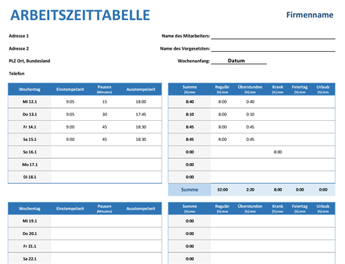Wöchentliche Arbeitszeittabelle Wöchentliche Arbeitszeittabelle