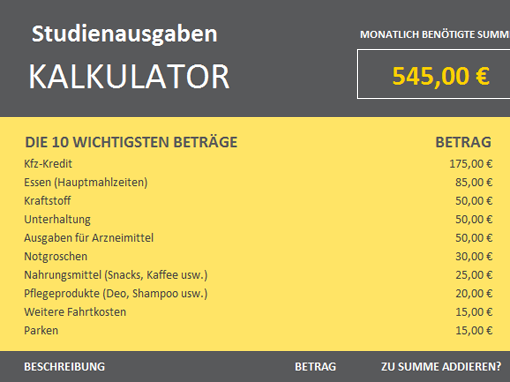 Kalkulation der Studienkosten Kalkulation der Studienkosten