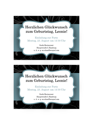 Partyeinladungen (Design "Blaues Band", 2 pro Seite)