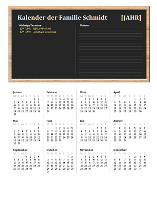 Familienkalender (beliebiges Jahr, Mo-So)