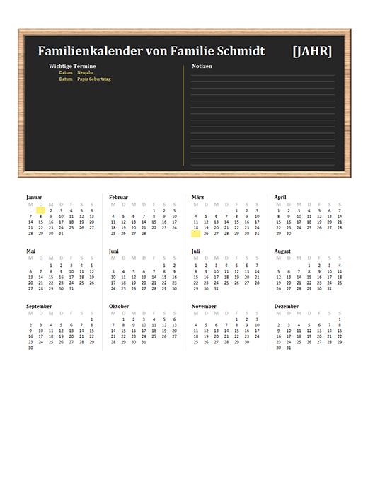 Familienkalender (beliebiges Jahr, Mo–So)
