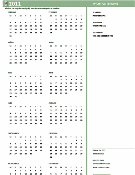 Kalender für kleine Unternehmen (beliebiges Jahr, Mo-So)