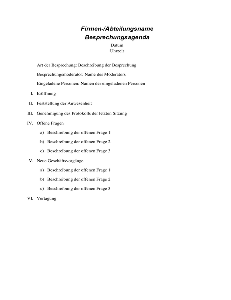 Formelle Besprechungsagenda Formelle Besprechungsagenda