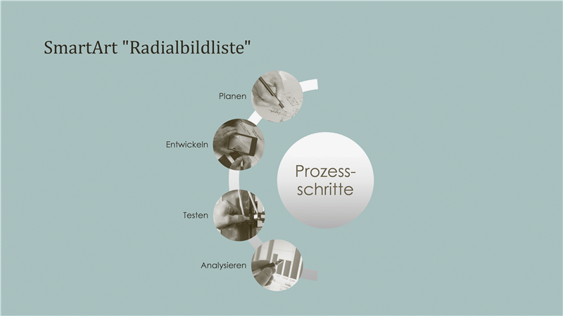 SmartArt "Prozess" mit radialer Bildliste (Breitbild) SmartArt "Prozess" mit radialer Bildliste (Breitbild)