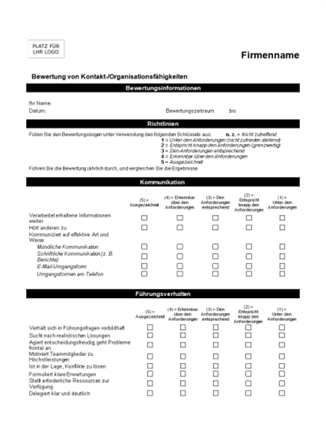 Bewertung von Kontakt-/Organisationsfähigkeiten Bewertung von Kontakt-/Organisationsfähigkeiten