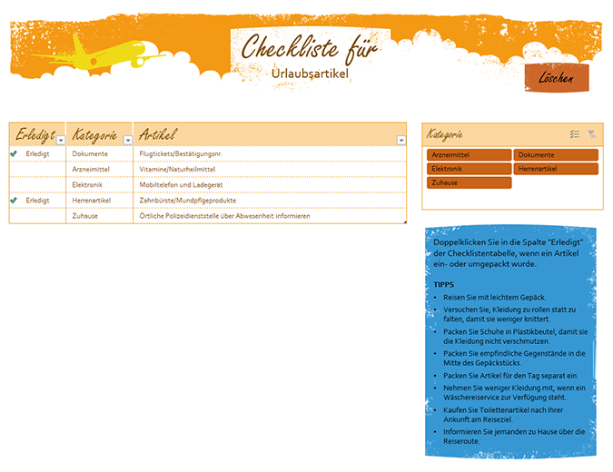 Checkliste für Urlaubsartikel Checkliste für Urlaubsartikel