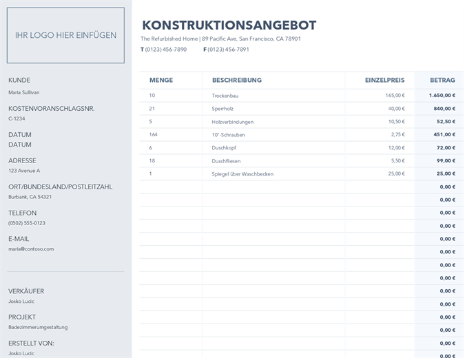 Konstruktionsangebot Konstruktionsangebot