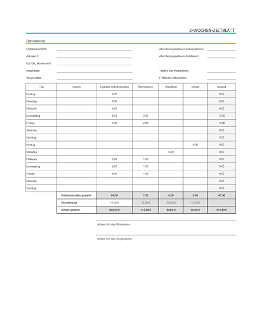 Arbeitszeittabelle für zwei Wochen mit Abwesenheit aufgrund von Krankheit und Urlaub (mit Beispieldaten) Arbeitszeittabelle für zwei Wochen mit Abwesenheit aufgrund von Krankheit und Urlaub (mit Beispieldaten)