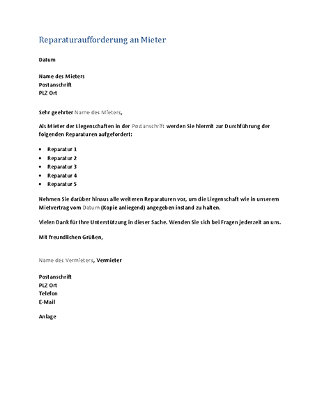 Reparaturaufforderung an Mieter (Serienbrief)