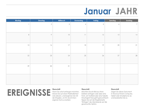 Horizontaler Kalender (Beginn Montag) Horizontaler Kalender (Beginn Montag)