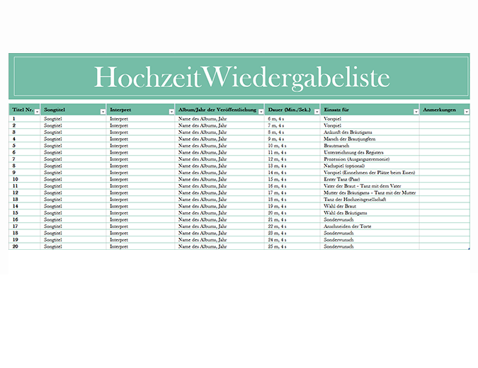 Wiedergabeliste für Hochzeit Wiedergabeliste für Hochzeit