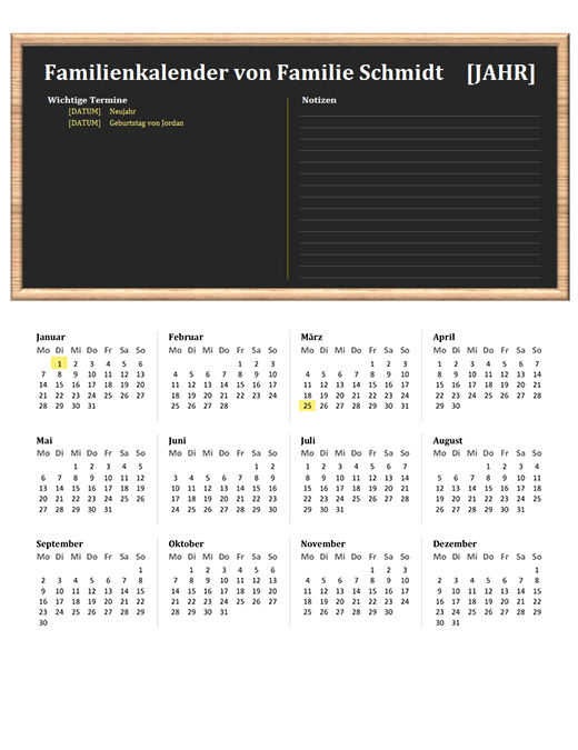 Familienkalender (beliebiges Jahr, Mo–So) Familienkalender (beliebiges Jahr, Mo–So)