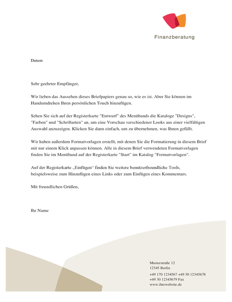 Briefkopf für Finanzunternehmen Briefkopf für Finanzunternehmen