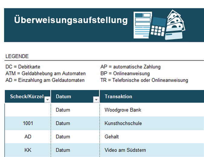 Überweisungsaufstellung mit Transaktionscodes Überweisungsaufstellung mit Transaktionscodes