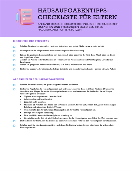 Hausaufgabentipps-Checkliste Hausaufgabentipps-Checkliste