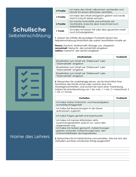 Schulische Selbsteinschätzung für Schüler Schulische Selbsteinschätzung für Schüler