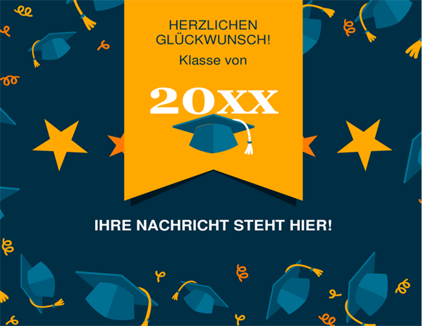 Karte zum Schulabschluss mit fliegenden Doktorhüten Karte zum Schulabschluss mit fliegenden Doktorhüten