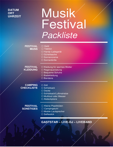 Musikfestival-Packliste Musikfestival-Packliste