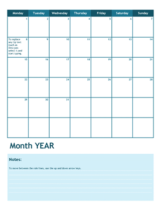 One month academic calendar (Monday start)