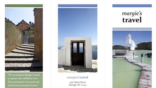 Tri-fold travel brochure (blue, green)