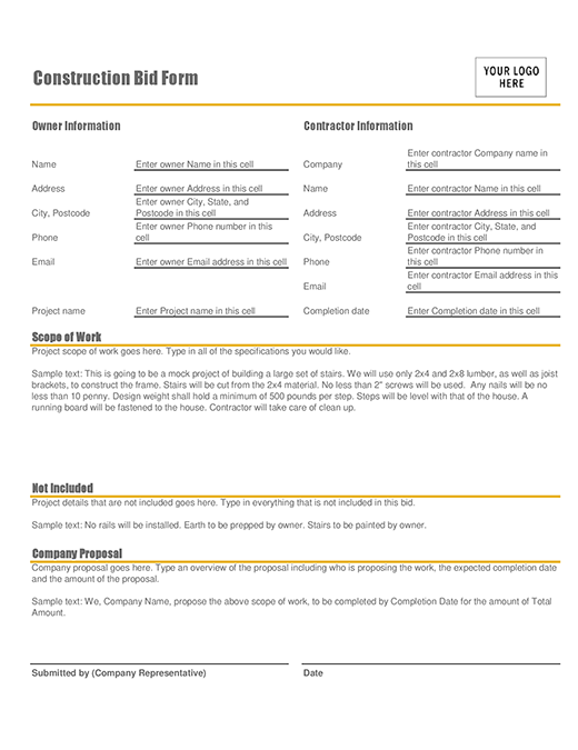 Construction bid form Construction bid form