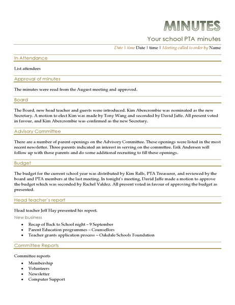 PTA meeting minutes PTA meeting minutes