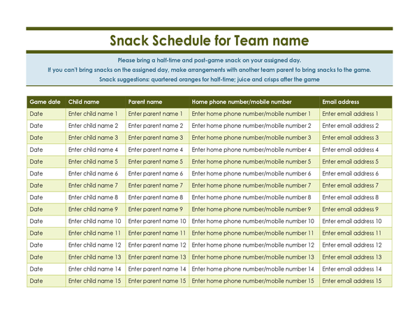 Youth sports snack sign-up sheet Youth sports snack sign-up sheet