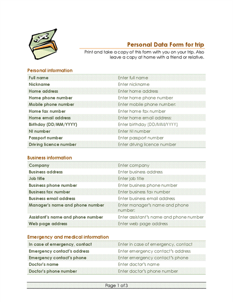 Travel itinerary and personal data form Travel itinerary and personal data form