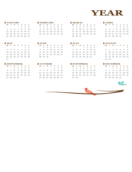 2019 yearly calendar (Sun-Sat)