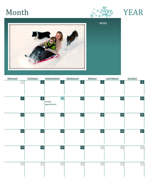 Seasonal family calendar (any year, Mon-Sun) Seasonal family calendar (any year, Mon-Sun)