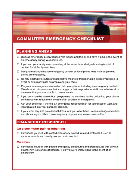 Commuter emergency checklist Commuter emergency checklist