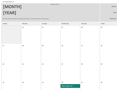 Homework calendar Homework calendar