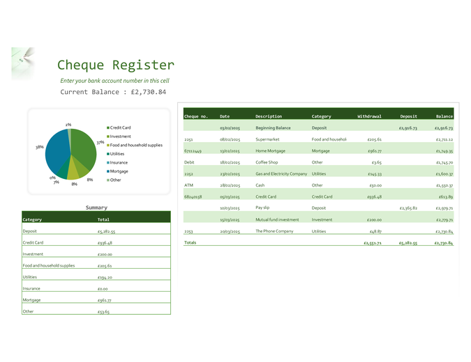 Cheque register with chart Cheque register with chart