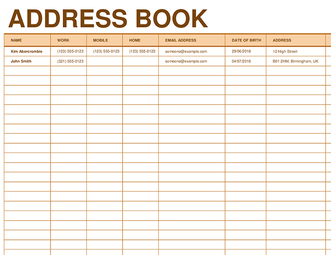 template for address book