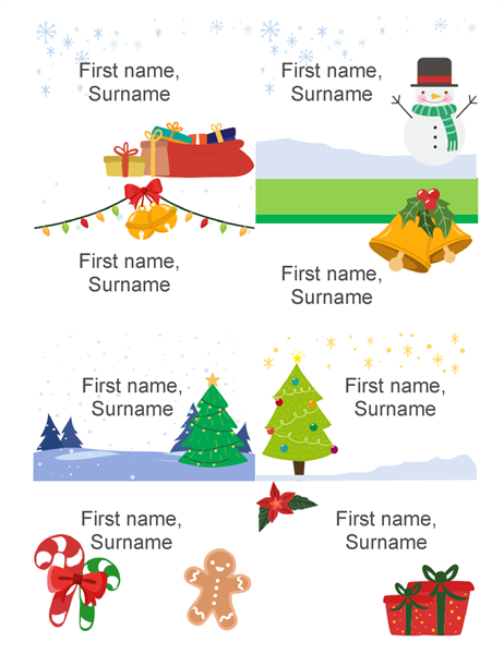 Christmas name badges (eight per page, Christmas spirit design, works with Avery 5395 and similar) Christmas name badges (eight per page, Christmas spirit design, works with Avery 5395 and similar)