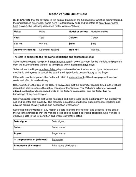 Purchase And Sale Agreement Word Template Motorcycle