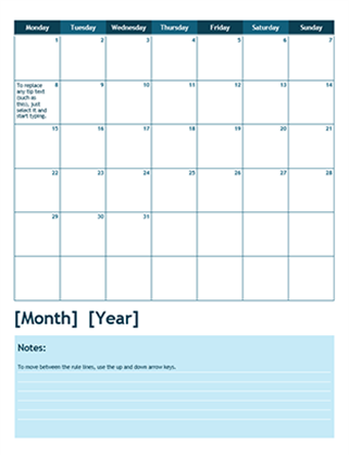 One-month academic calendar (Monday start)