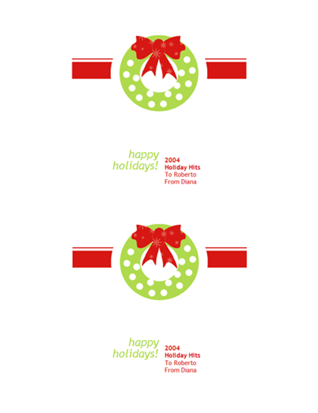 Holiday CD or DVD labels (red giftwrap design, 2 per page) Holiday CD or DVD labels (red giftwrap design, 2 per page)