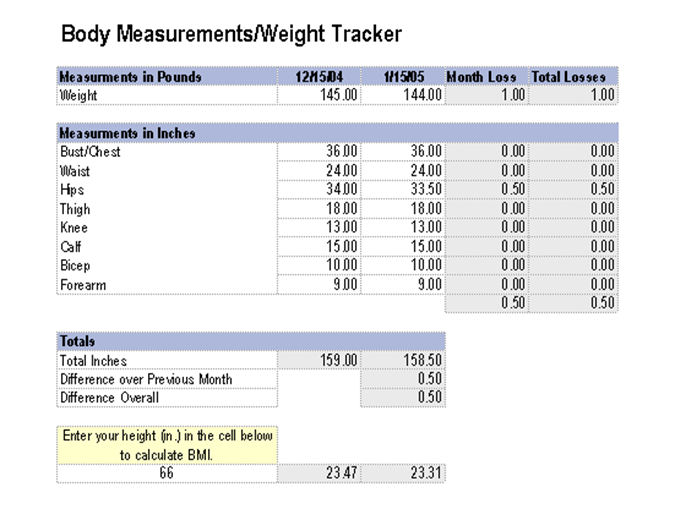 excel measurement and weight tracker
