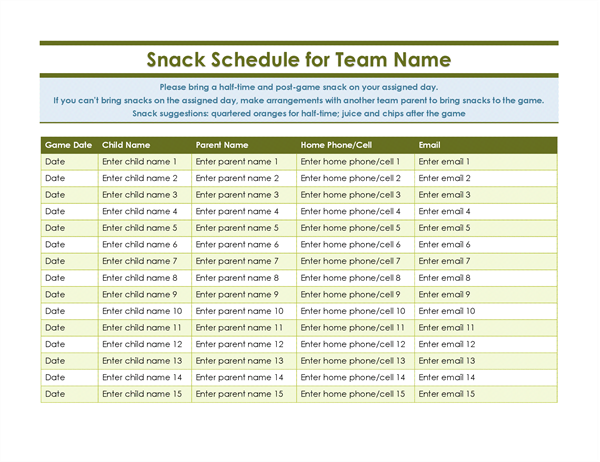 Youth sports snack sign-up sheet Youth sports snack sign-up sheet