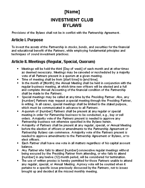 Investment club bylaws Investment club bylaws