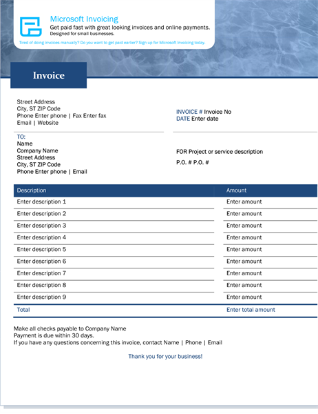Service invoice with Microsoft Invoicing Service invoice with Microsoft Invoicing