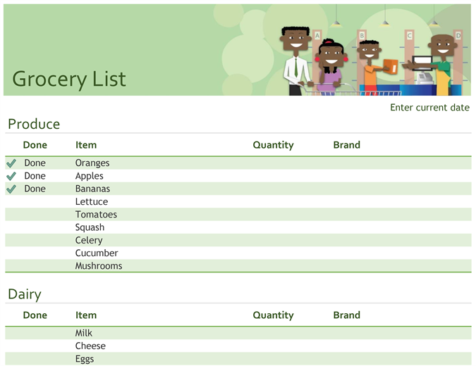 Grocery checklist with space for brand Grocery checklist with space for brand