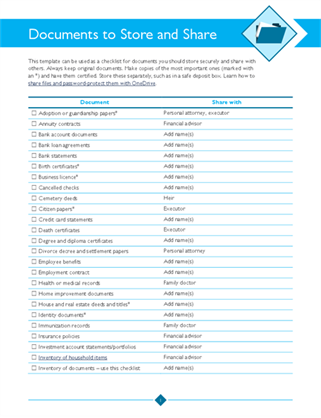Documents to store and share checklist Documents to store and share checklist