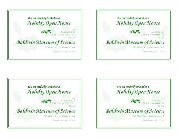 Holiday Open House Invitation 4 Per Page 