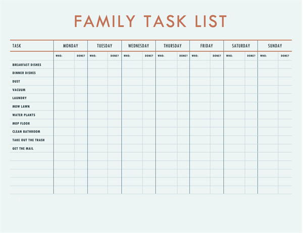 Weekly Chore Chart Template For Adults