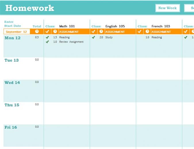 weekly homework planner excel